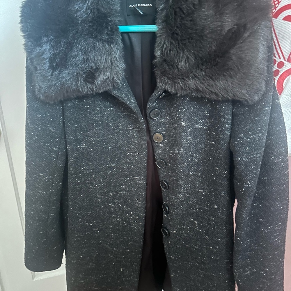 Club Monaco Black Coat with Faux Fur Trim